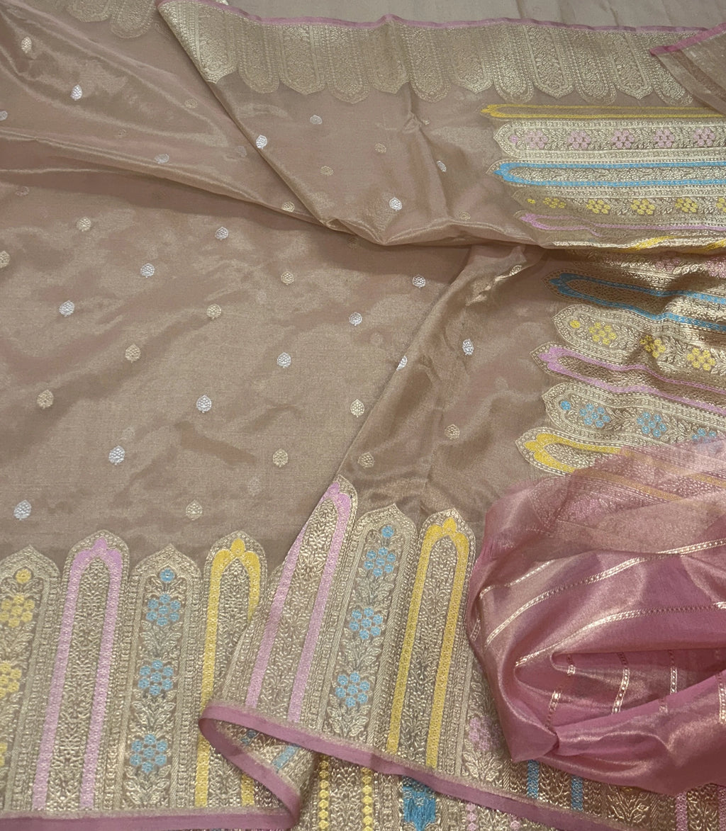 Peach Floral Buta Pure Kora Silk Banarasi Saree