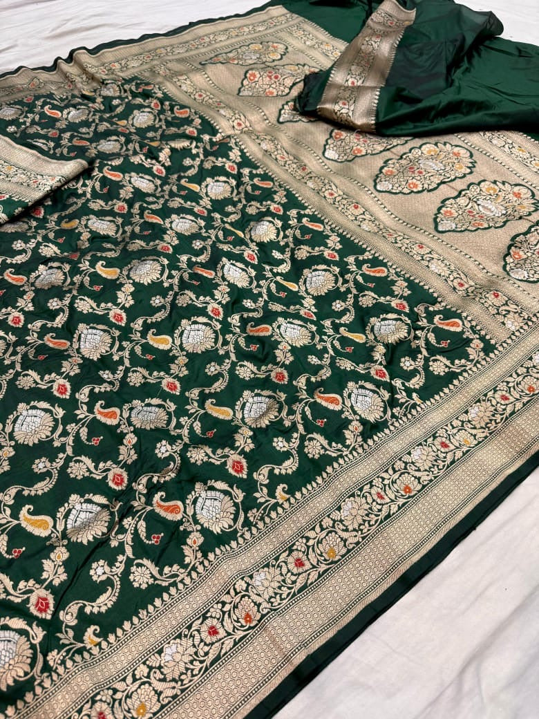 Pure Katan Silk Tilfi Minakari Banarasi Saree – Big Buta Motifs & Heavy Pallu