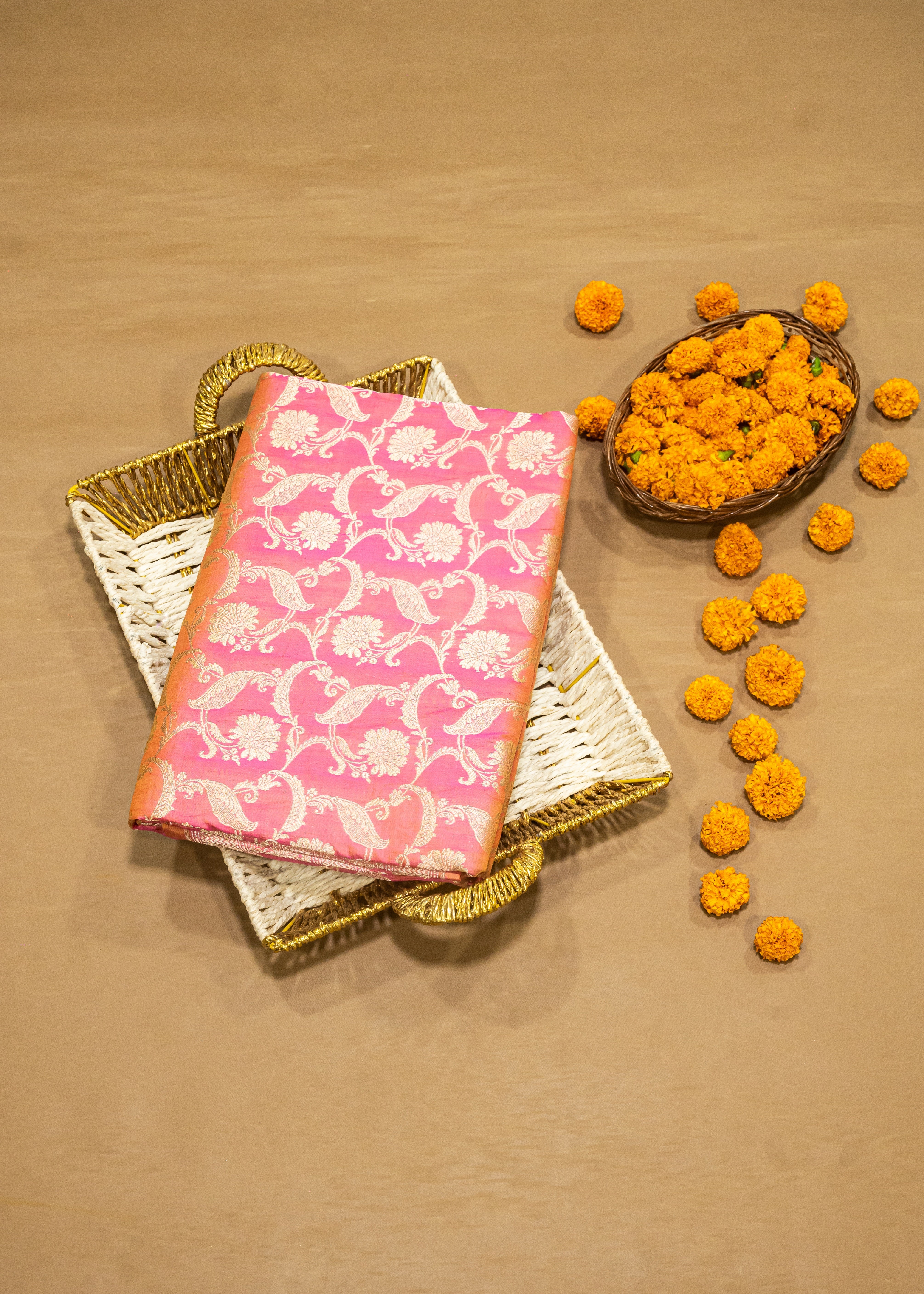 Pure Katan Silk Banarasi Handwoven Saree | Pink Orange Rangkat with Gold Zari Jaal | Uppada Weave | Bridal Saree