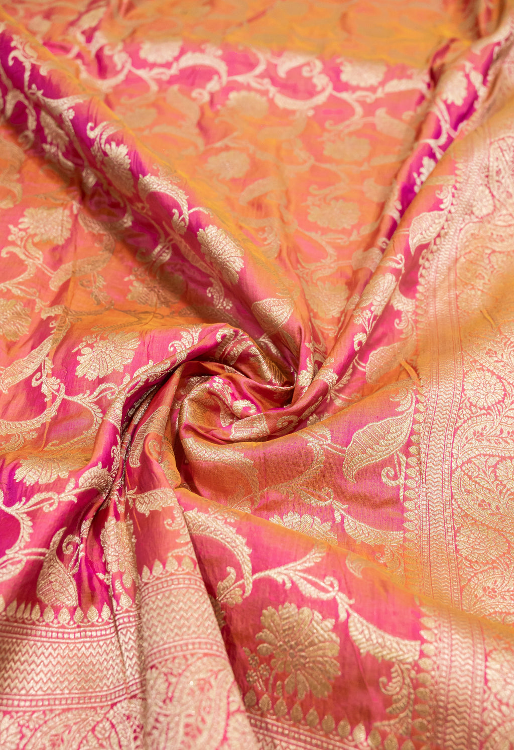 Pure Katan Silk Banarasi Handwoven Saree | Pink Orange Rangkat with Gold Zari Jaal | Uppada Weave | Bridal Saree