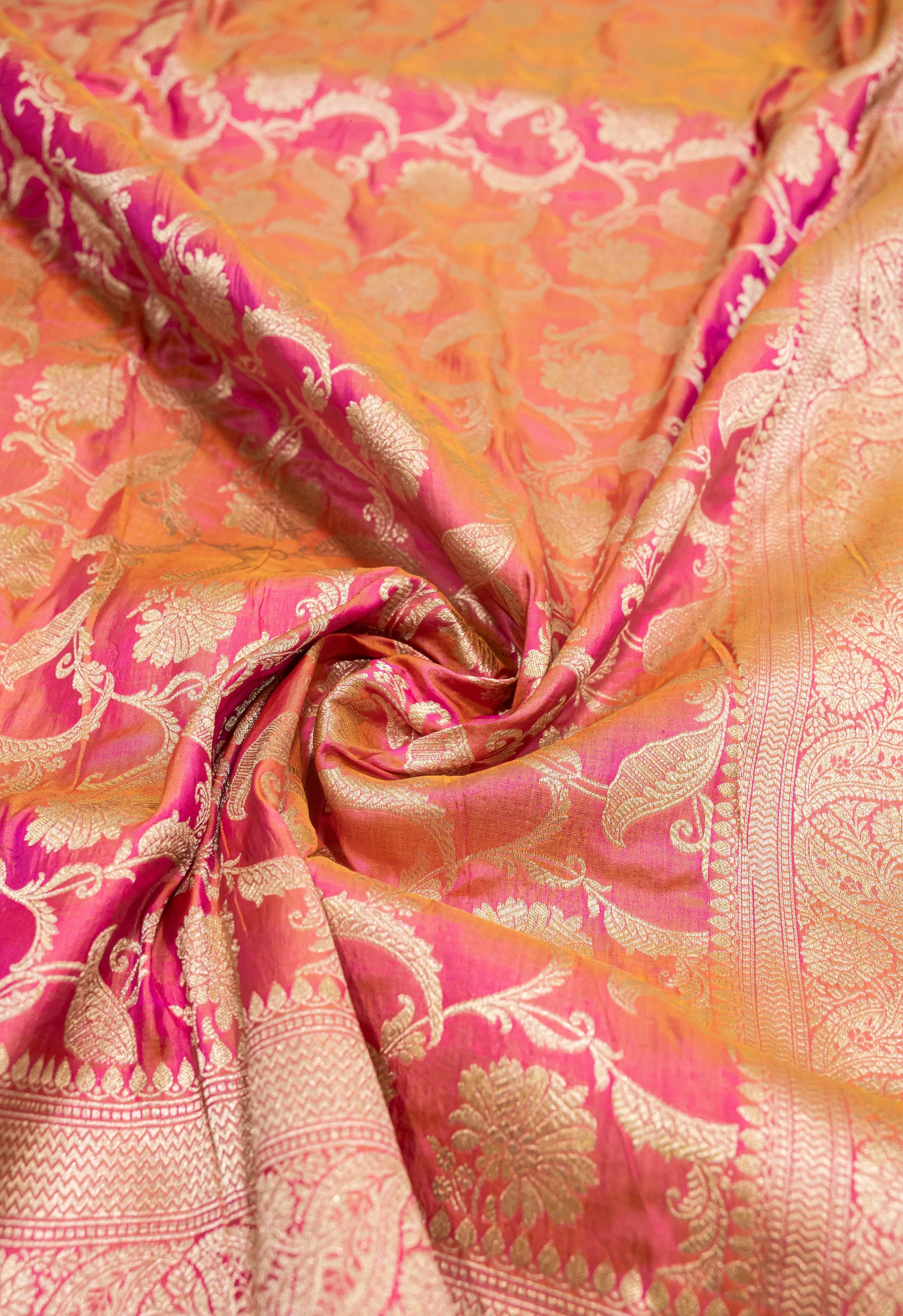 Pure Katan Silk Banarasi Handwoven Saree | Pink Orange Rangkat with Gold Zari Jaal | Uppada Weave | Bridal Saree