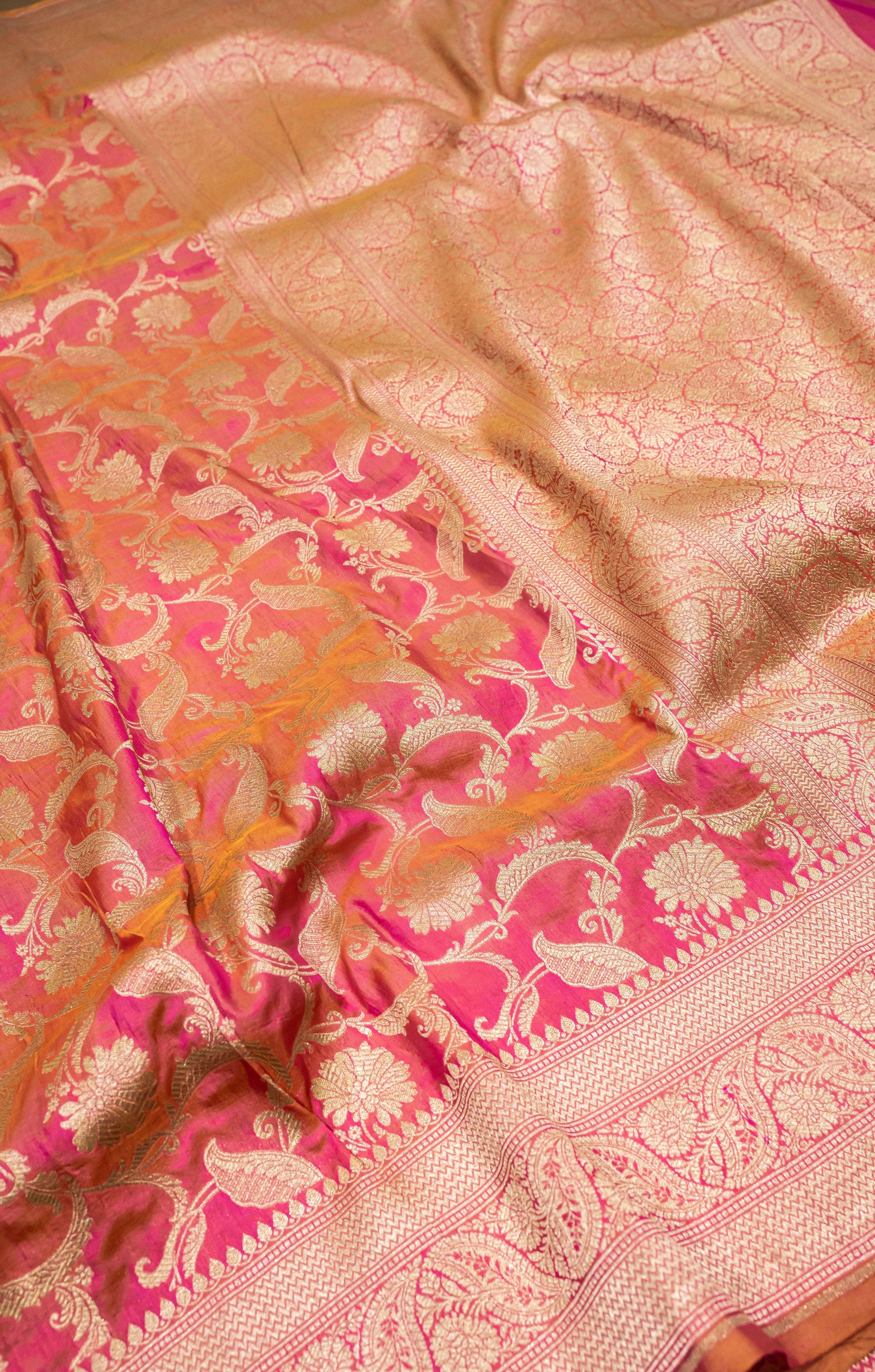 Pure Katan Silk Banarasi Handwoven Saree | Pink Orange Rangkat with Gold Zari Jaal | Uppada Weave | Bridal Saree