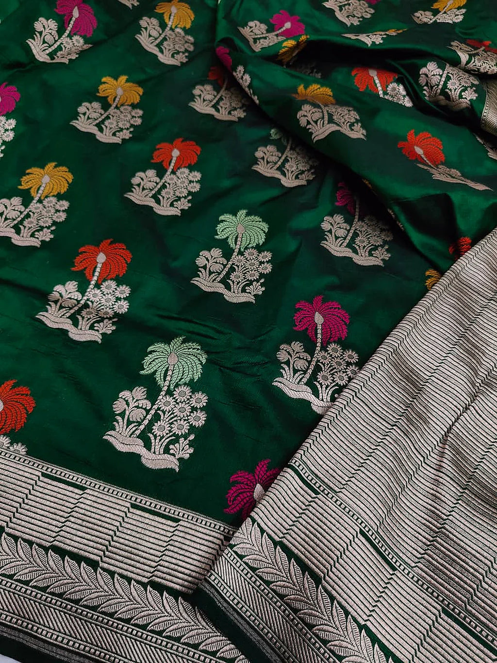Pure Katan Silk Banarasi Saree | Intricate Minakari Uppada Weave | Bottle Green