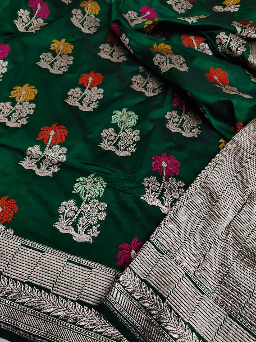 Pure Katan Silk Banarasi Saree | Intricate Minakari Uppada Weave | Bottle Green
