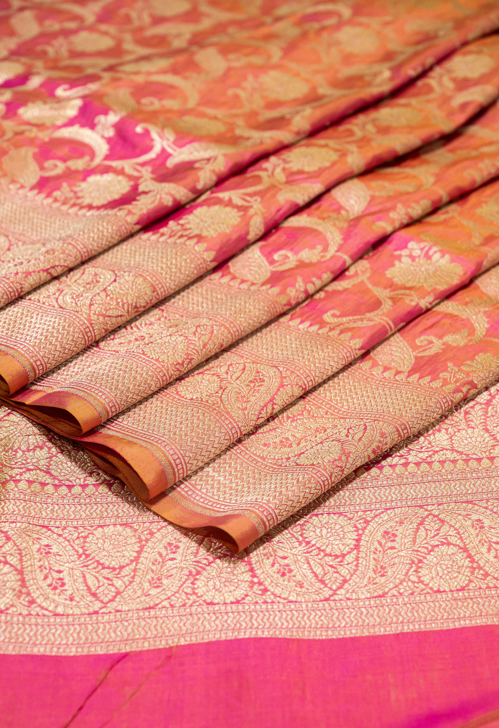 Pure Katan Silk Banarasi Handwoven Saree | Pink Orange Rangkat with Gold Zari Jaal | Uppada Weave | Bridal Saree