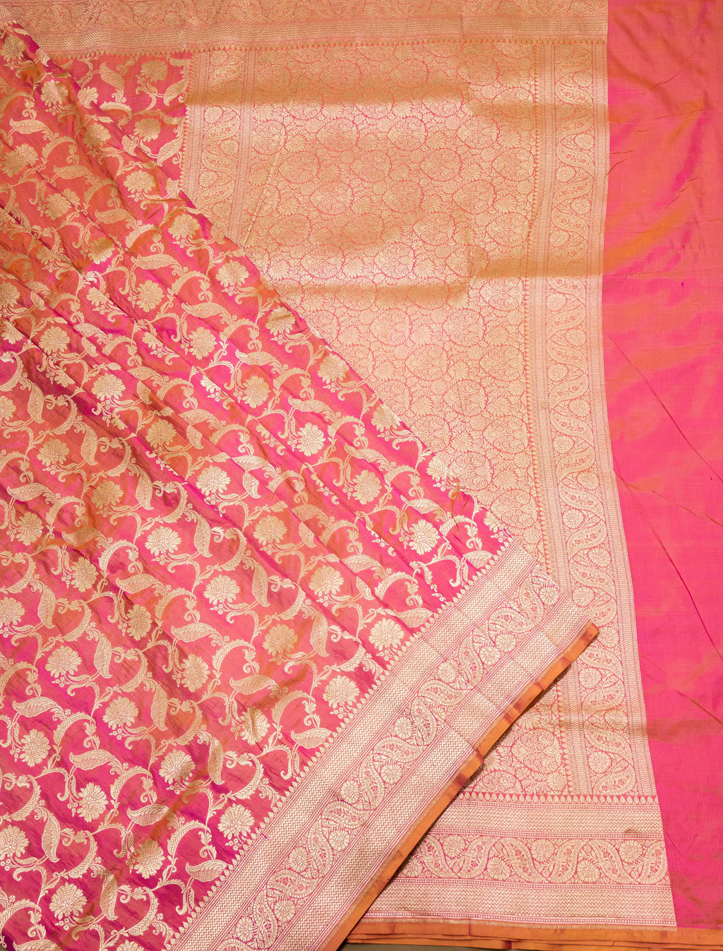 Pure Katan Silk Banarasi Handwoven Saree | Pink Orange Rangkat with Gold Zari Jaal | Uppada Weave | Bridal Saree
