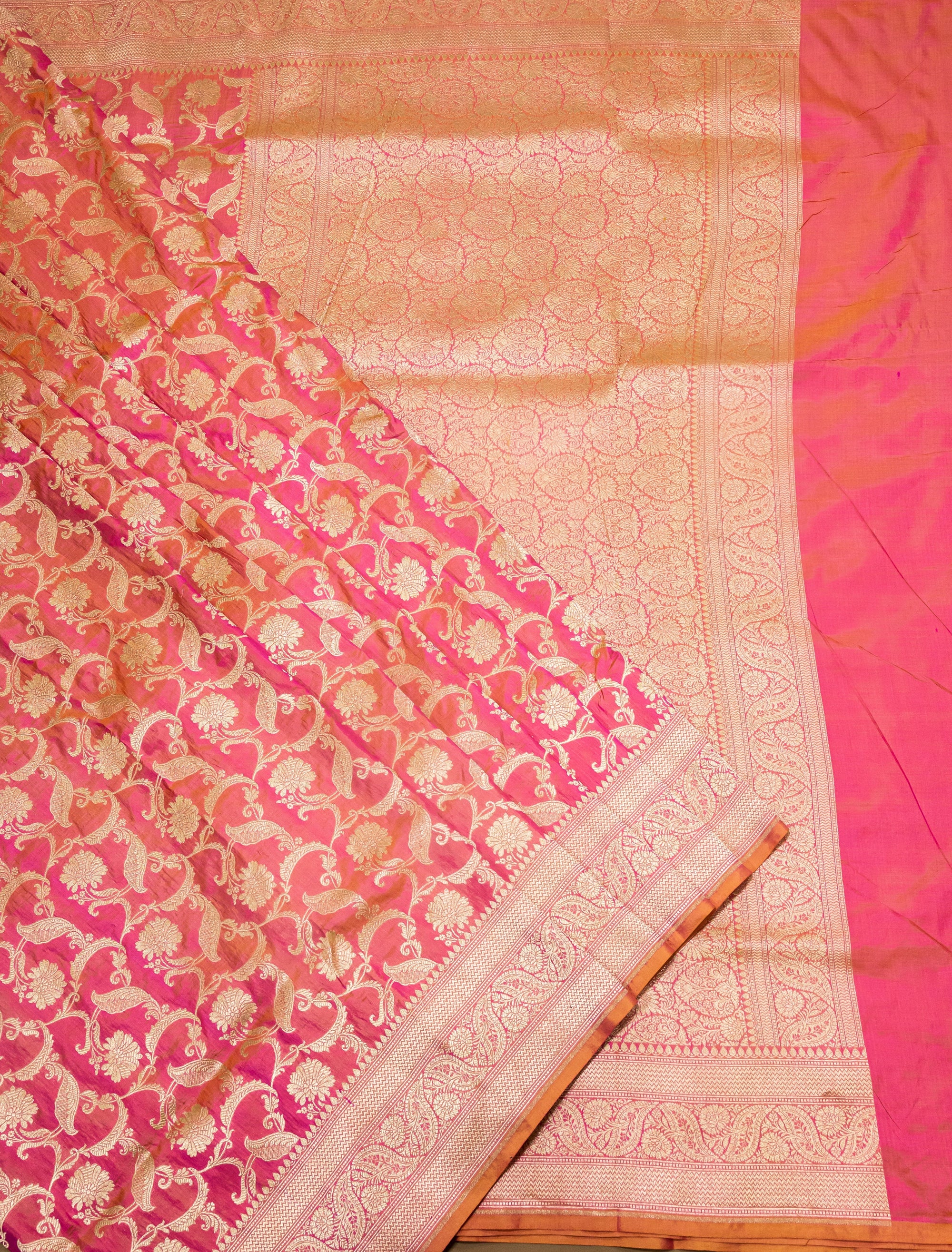 Pure Katan Silk Banarasi Handwoven Saree | Pink Orange Rangkat with Gold Zari Jaal | Uppada Weave | Bridal Saree