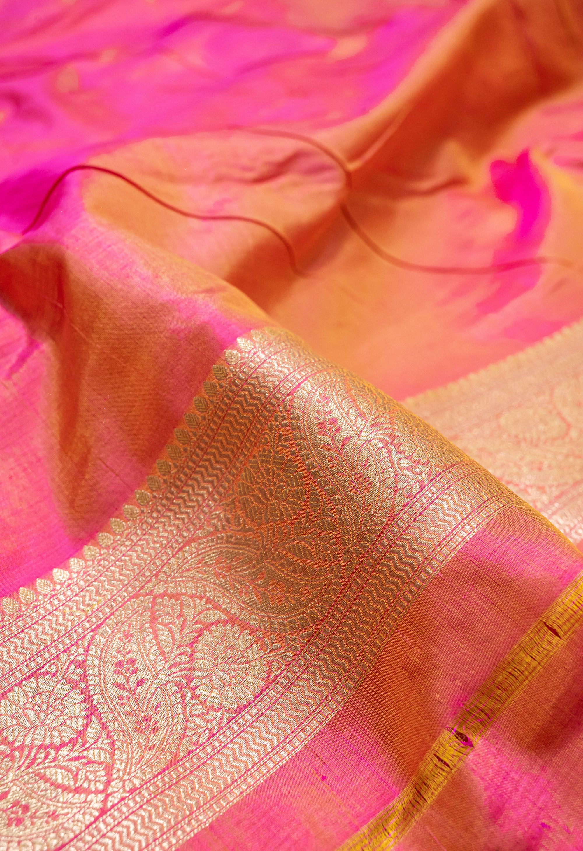 Pure Katan Silk Banarasi Handwoven Saree | Pink Orange Rangkat with Gold Zari Jaal | Uppada Weave | Bridal Saree