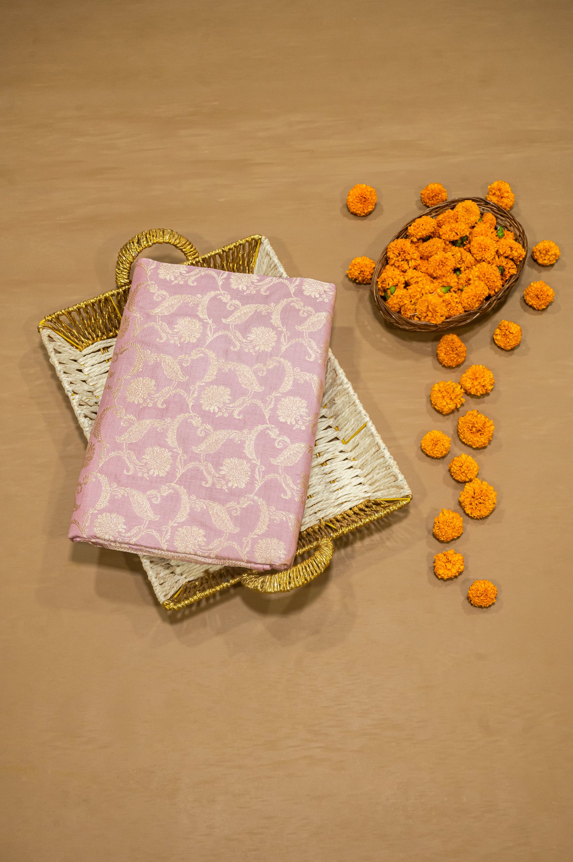 Pure Katan Silk Banarasi Handwoven Saree | Mauve Pink with Gold Zari Jaal | Uppada Weave | Bridal Wedding Saree