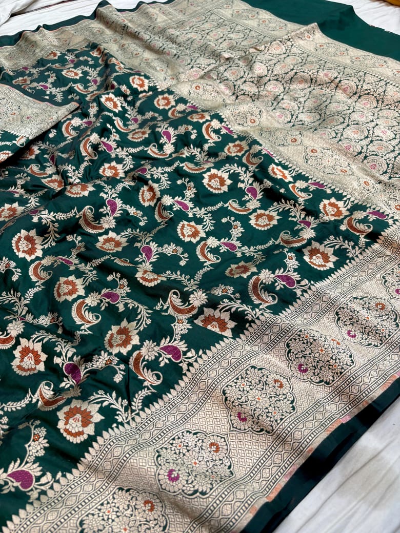 Pure Katan Silk Tilfi Minakari Banarasi Saree – Big Buta Motifs & Heavy Pallu