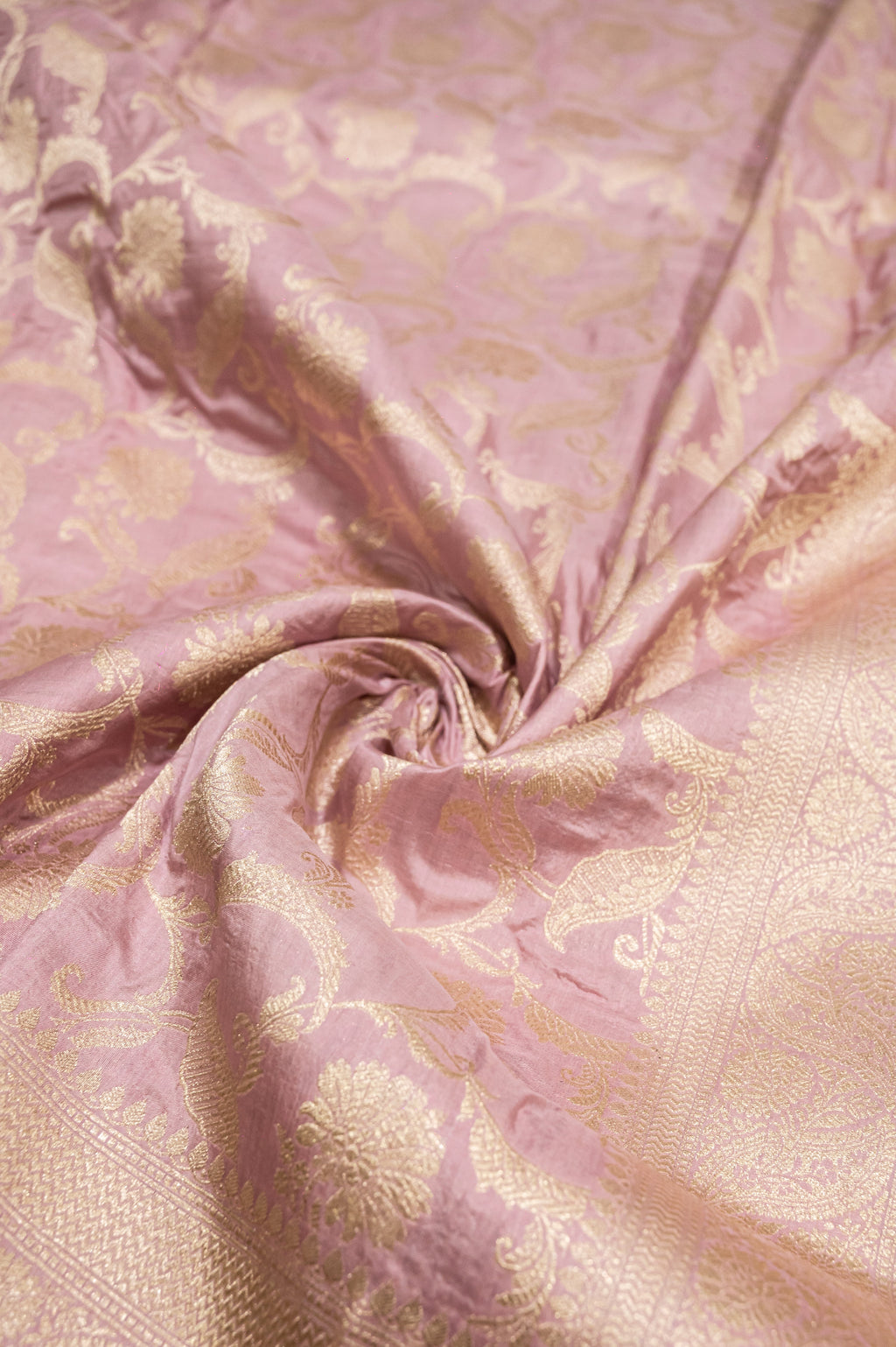 Pure Katan Silk Banarasi Handwoven Saree | Mauve Pink with Gold Zari Jaal | Uppada Weave | Bridal Wedding Saree