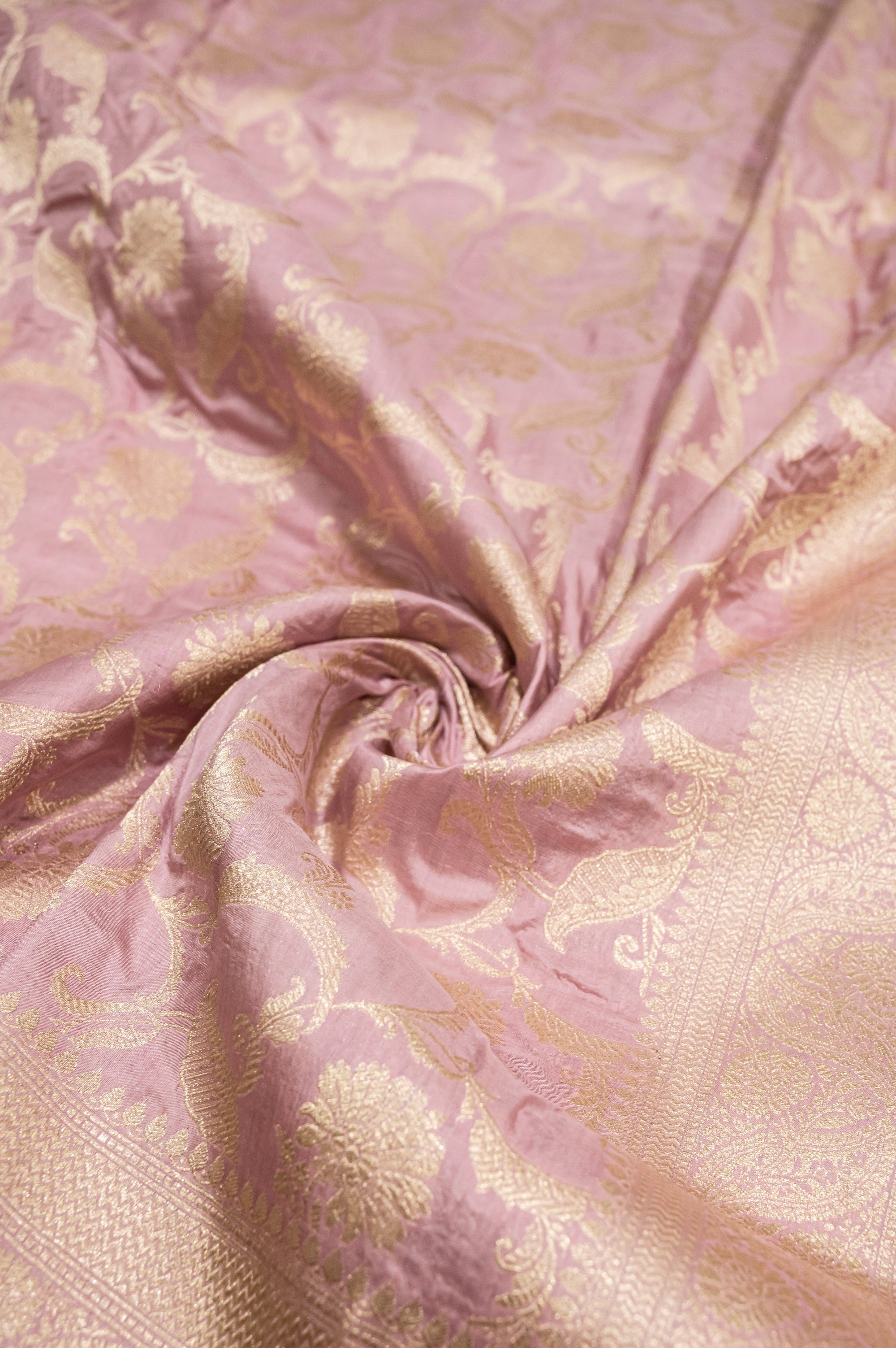 Pure Katan Silk Banarasi Handwoven Saree | Mauve Pink with Gold Zari Jaal | Uppada Weave | Bridal Wedding Saree