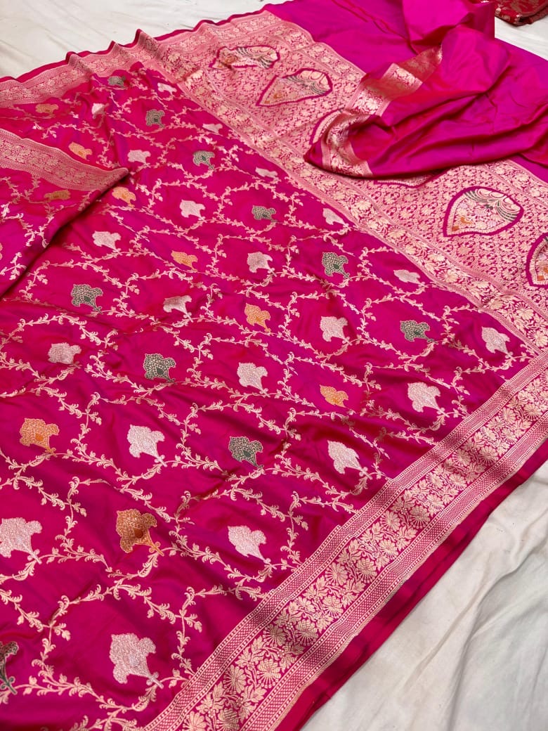 Pure Katan Silk Tilfi Minakari Banarasi Saree – Big Buta Motifs & Heavy Pallu