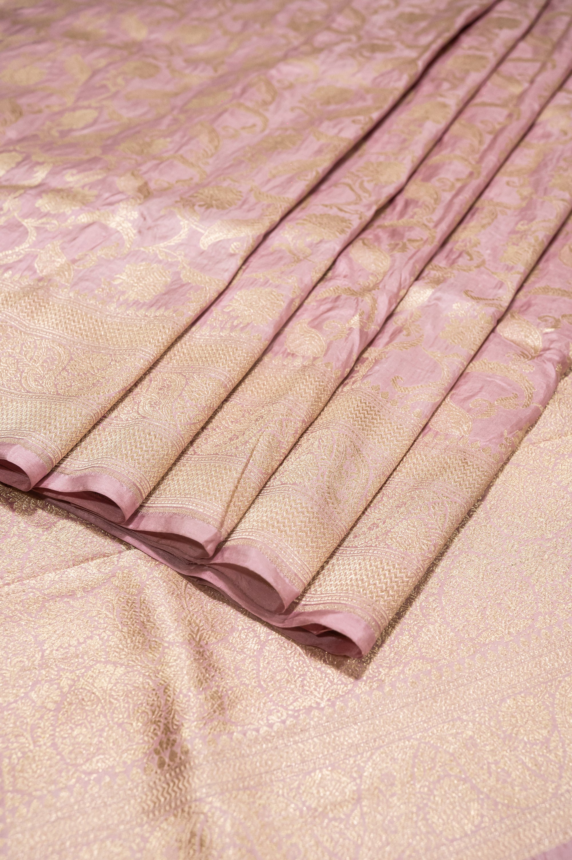 Pure Katan Silk Banarasi Handwoven Saree | Mauve Pink with Gold Zari Jaal | Uppada Weave | Bridal Wedding Saree