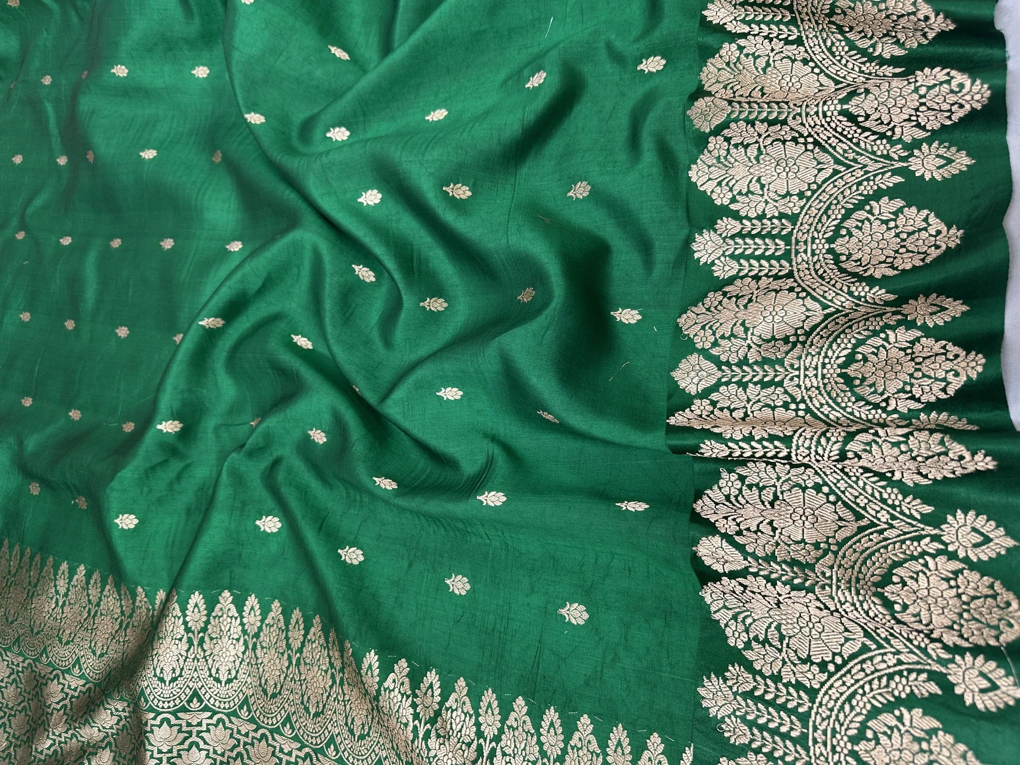 Pure Raw Mango Silk Banarasi Handloom Saree | Kadhwa Weave | Bottle Green Gold Zari