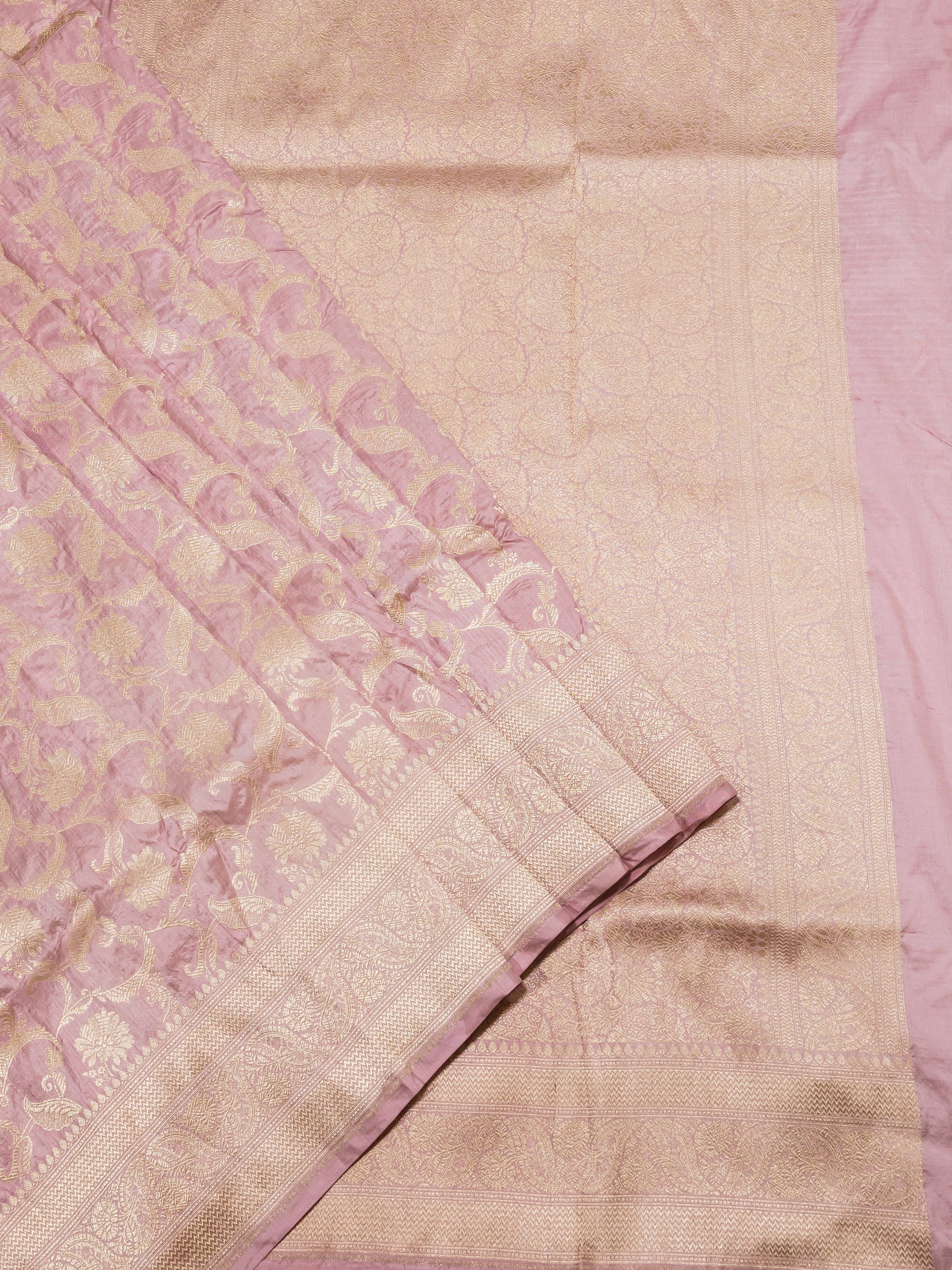 Pure Katan Silk Banarasi Handwoven Saree | Mauve Pink with Gold Zari Jaal | Uppada Weave | Bridal Wedding Saree