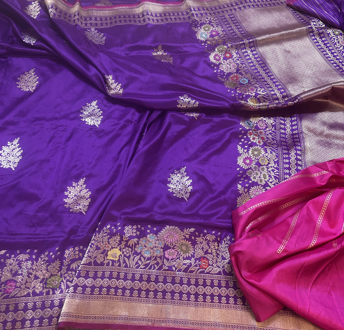 Royal Purple Pure Katan Silk Kadhwa Buta Handloom Banarasi Saree with Intricate Meenakari Floral Border