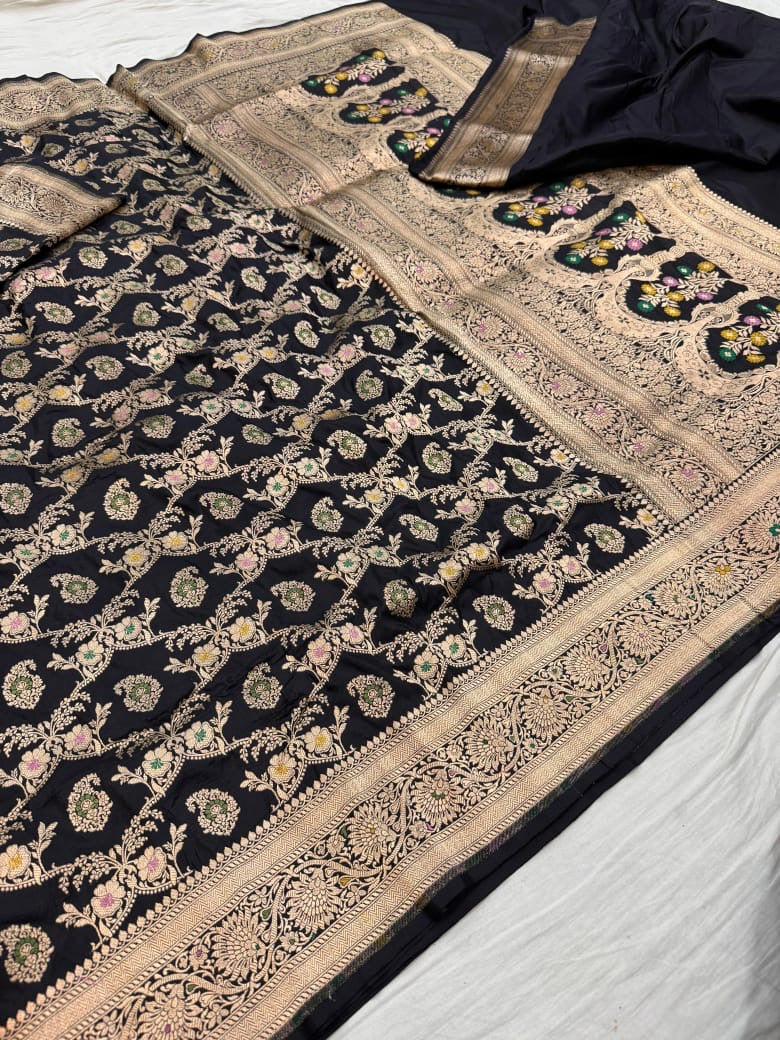 Pure Katan Silk Tilfi Minakari Banarasi Saree – Big Buta Motifs & Heavy Pallu