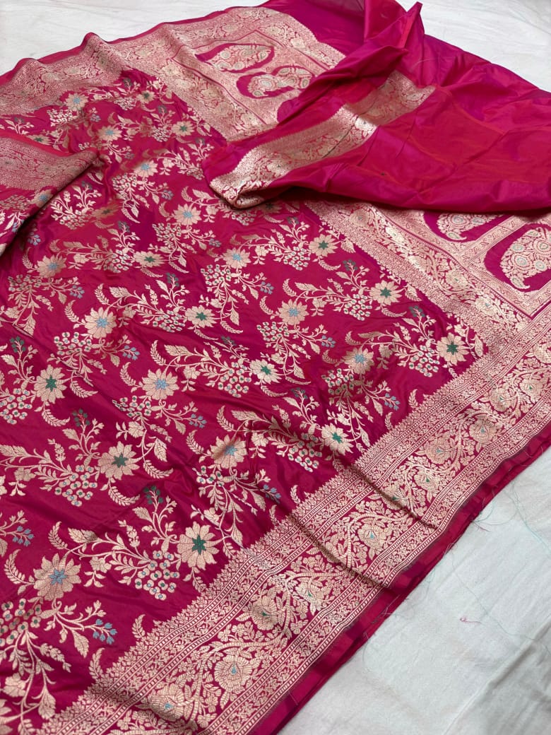 Pure Katan Silk Tilfi Minakari Banarasi Saree – Big Buta Motifs & Heavy Pallu