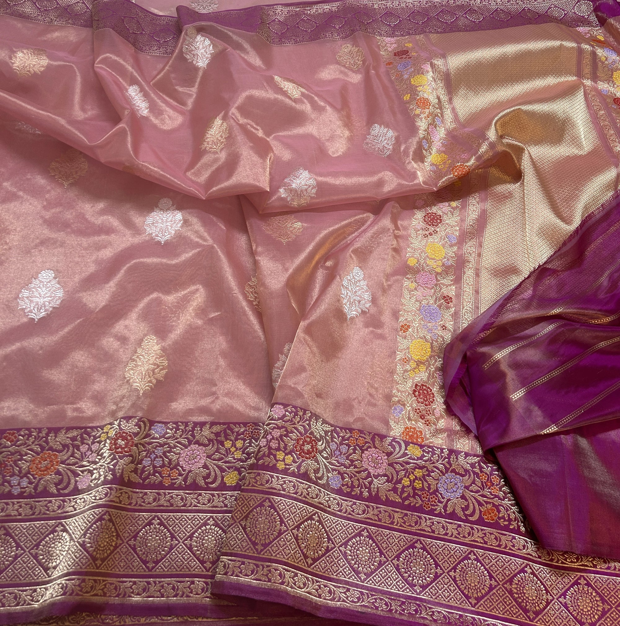 Pure Kora Tissue Silk Kadhwa Buta Handloom Banarasi Saree with Sona Rupa Zari & Tilfi Meenakari Work