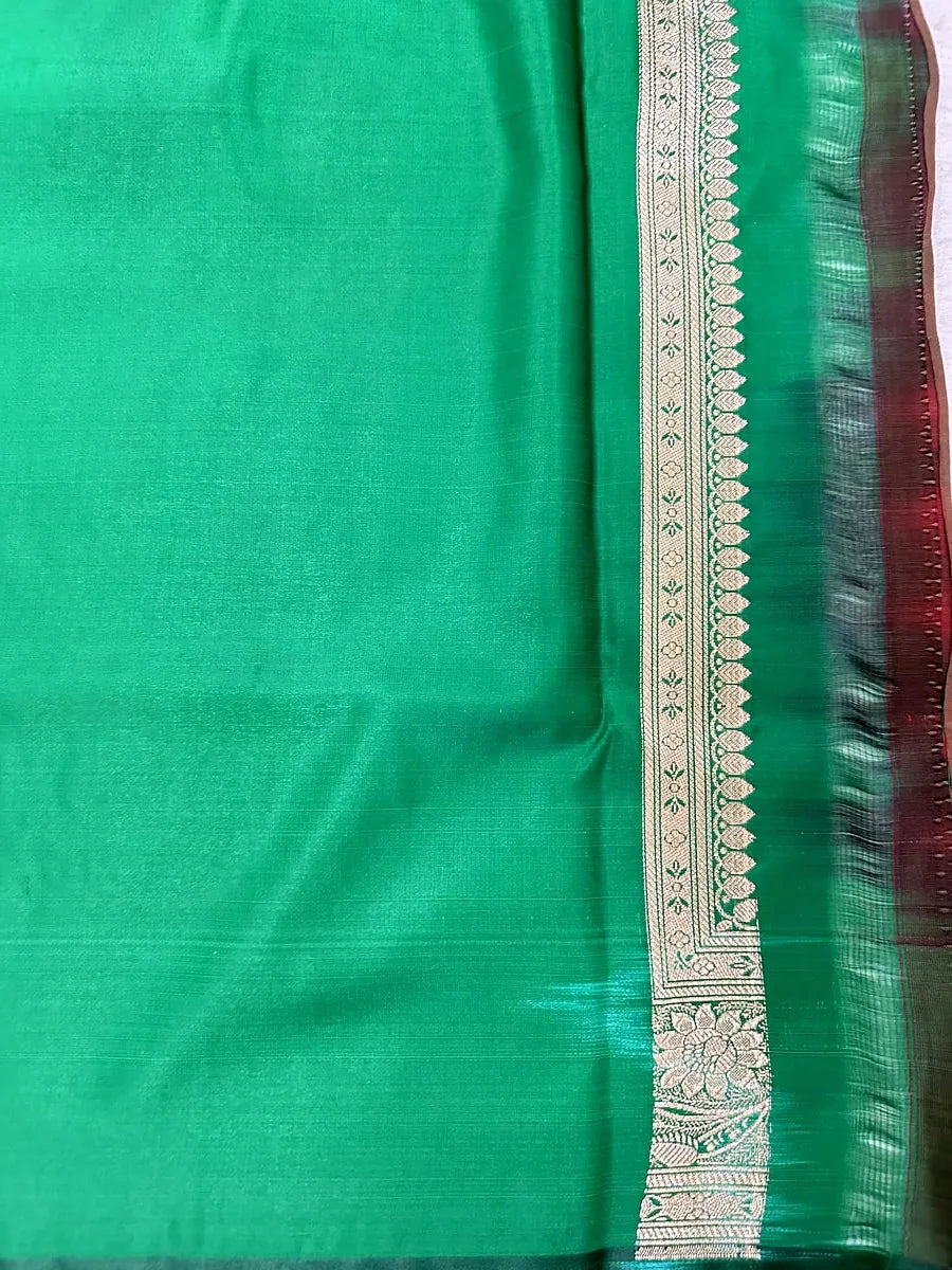 Pure Satin Silk Banarasi Saree Wine Red Bottle Green Contrast | Katan Banaras