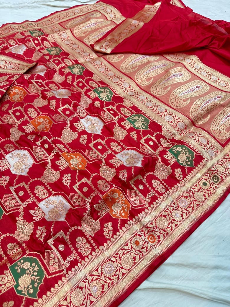 Pure Katan Silk Tilfi Minakari Banarasi Saree – Big Buta Motifs & Heavy Pallu