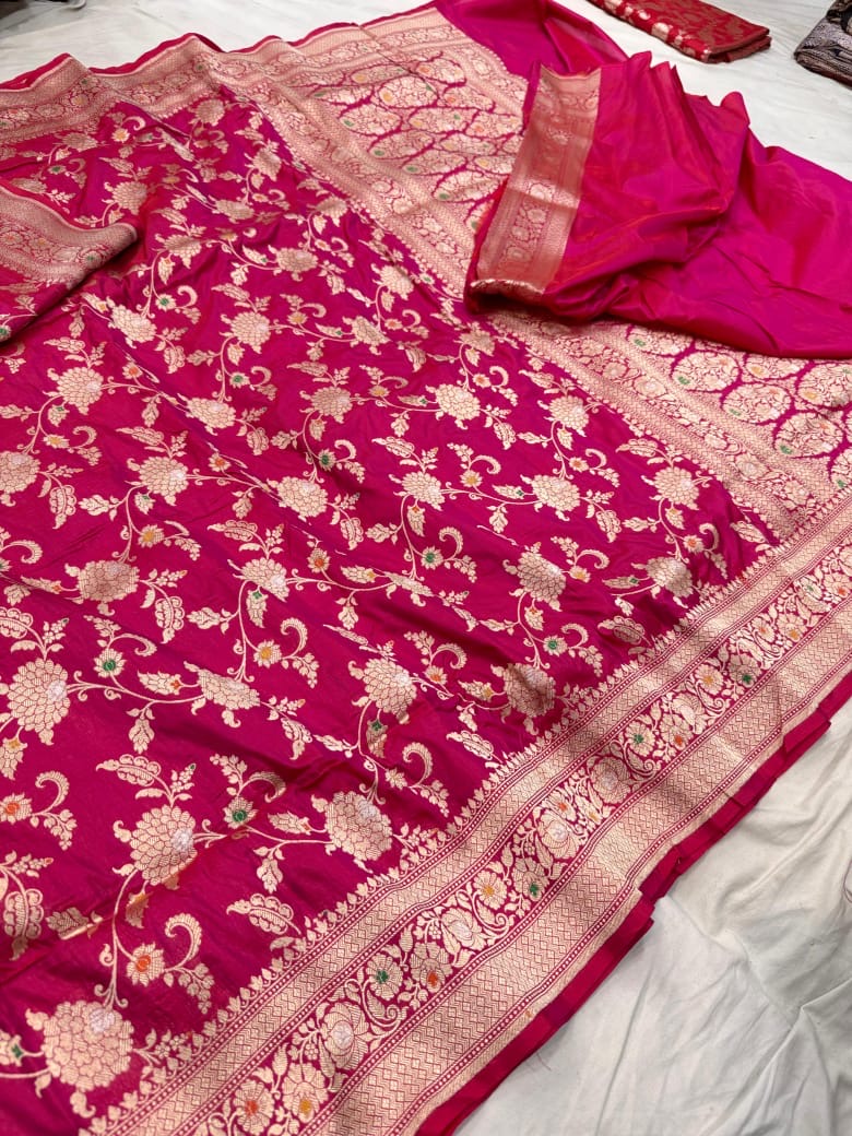 Pure Katan Silk Tilfi Minakari Banarasi Saree – Big Buta Motifs & Heavy Pallu