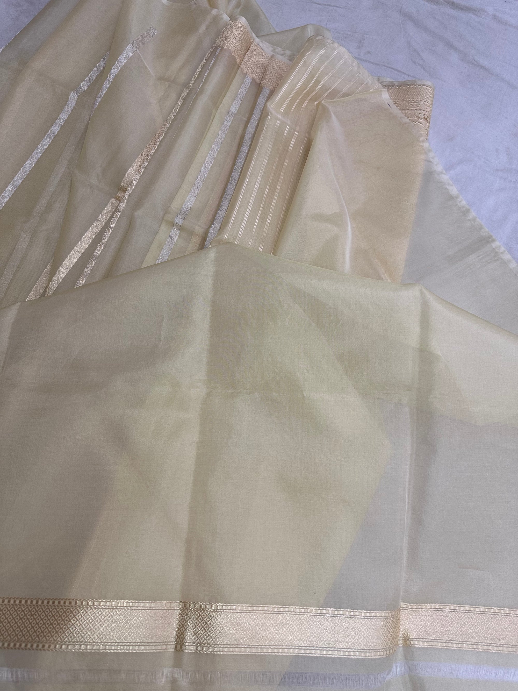 Pure Kora Silk Kadhwa Strips Handloom Saree – Real Zari Banarasi Masterpiece