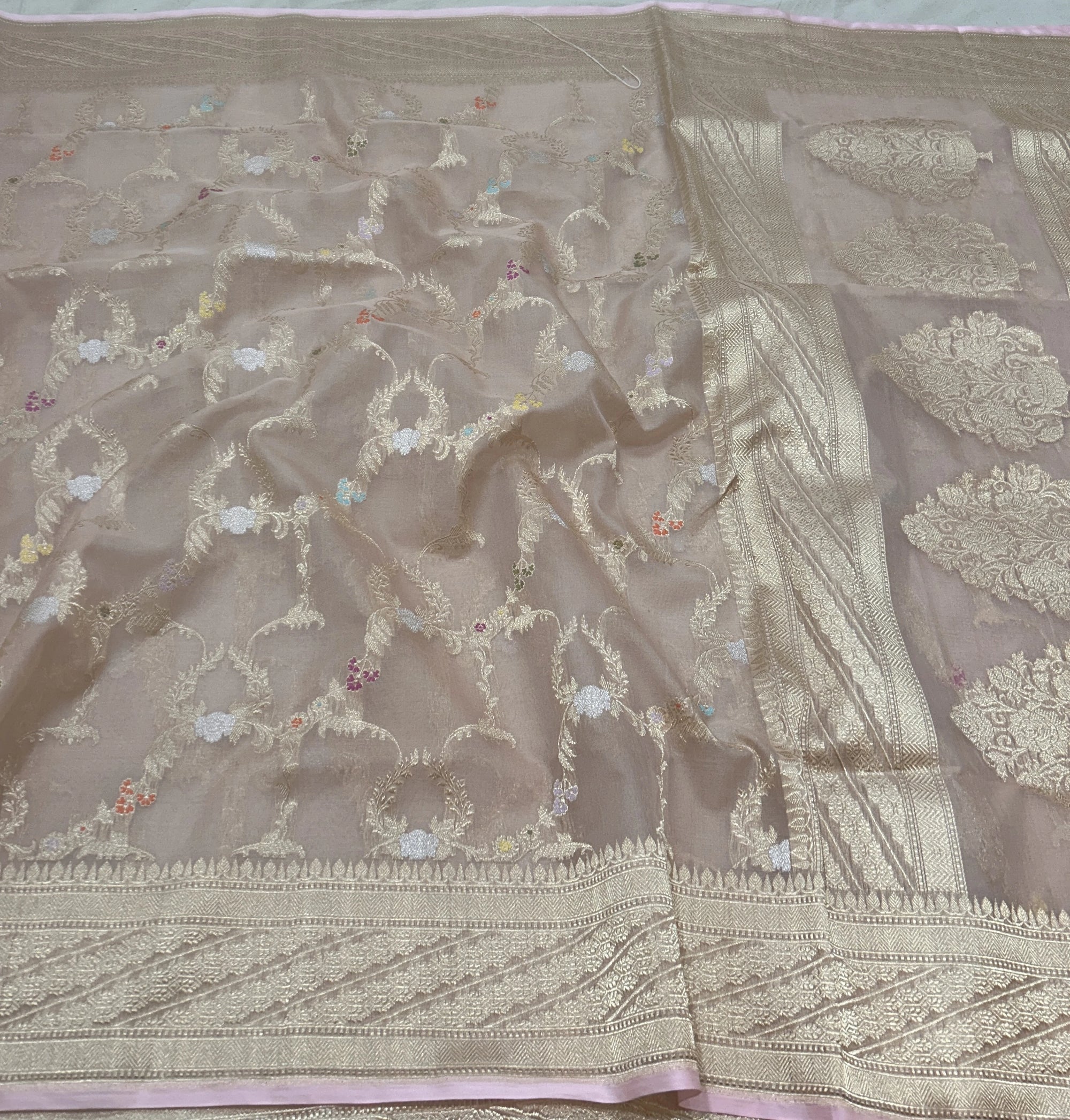 Champagne Gold Floral Buta Pure Kora Silk Banarasi Saree