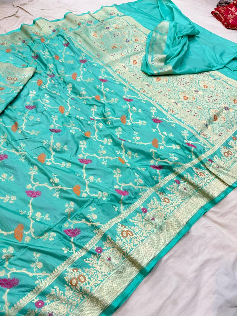 Pure Katan Silk Tilfi Minakari Banarasi Saree – Big Buta Motifs & Heavy Pallu