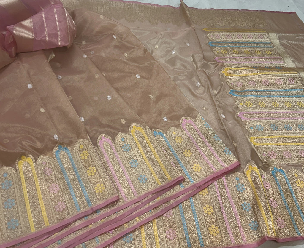 Peach Floral Buta Pure Kora Silk Banarasi Saree