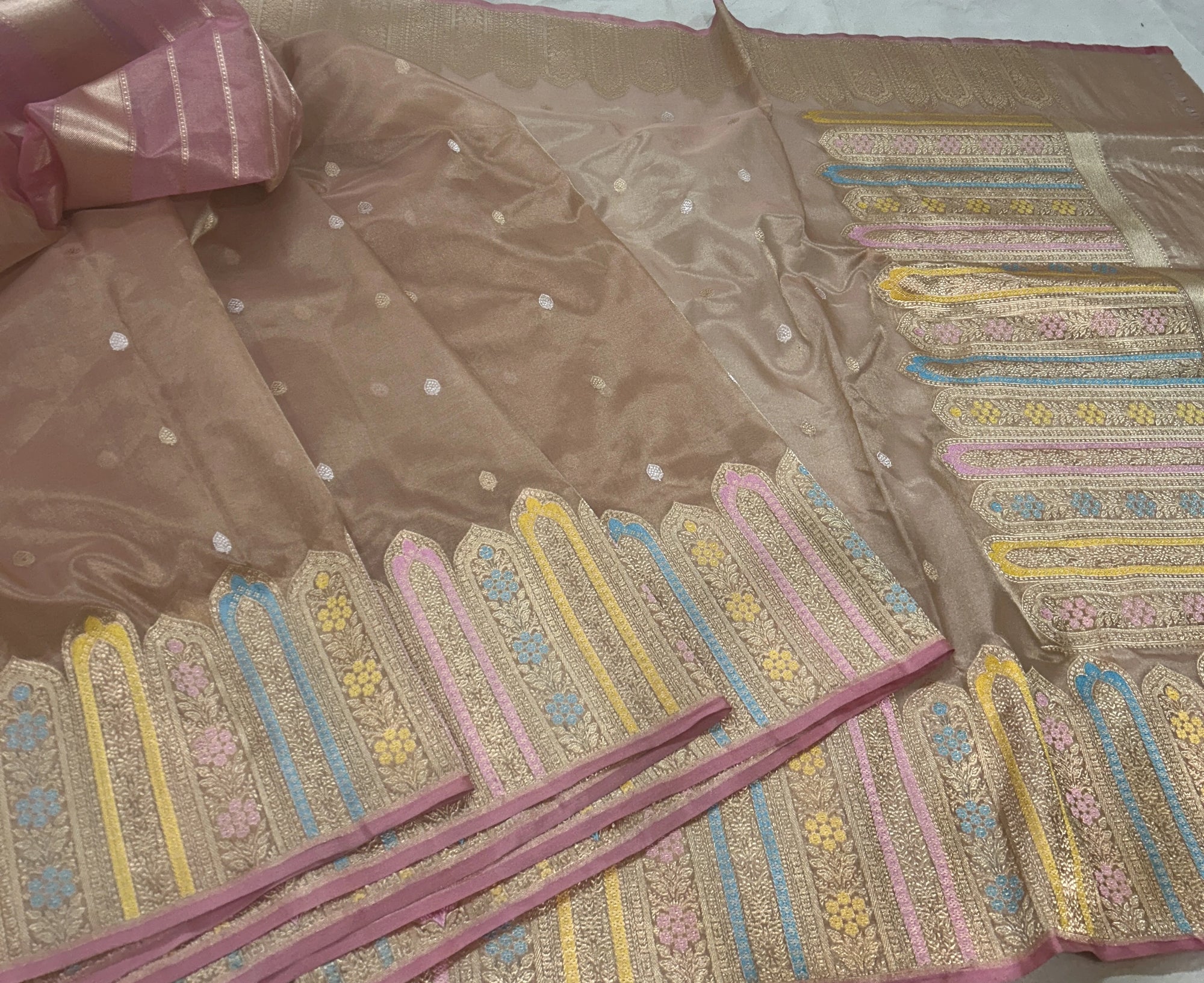 Peach Floral Buta Pure Kora Silk Banarasi Saree