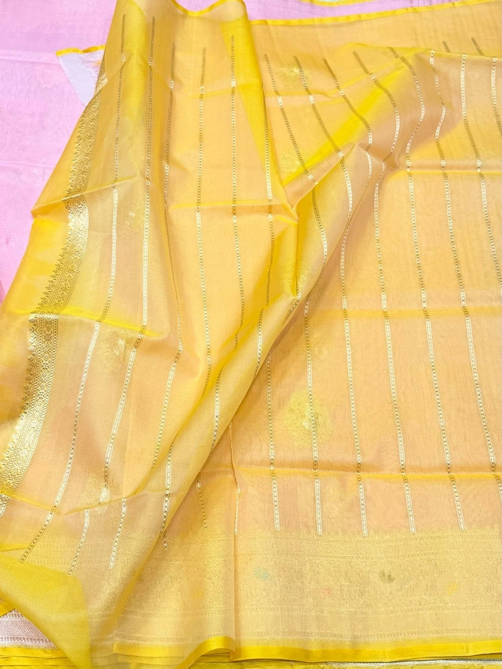 Blushing Pink Yellow Floral Buta Pure Kora Silk Banarasi Saree