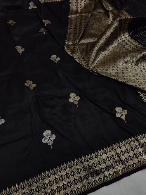 Pure Katan Silk Kadhwa Buta Banarasi Saree | Sona Rupa Zari | Black Handloom Saree