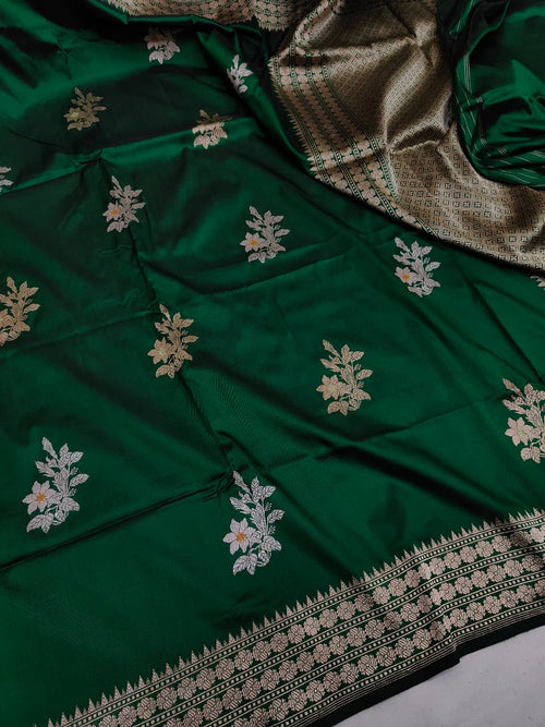 Bottle Green Pure Katan Silk Banarasi Kadhwa Buta Handloom Weaved Saree with Sona Rupa Zari Border