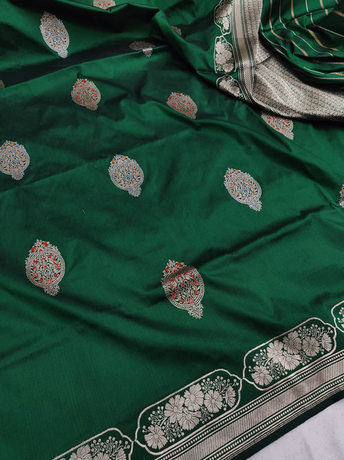 Bottle Green Pure Katan Silk Banarasi Kadhwa Buta Handloom Saree with Sona Rupa Zari & Tilfi Minakari