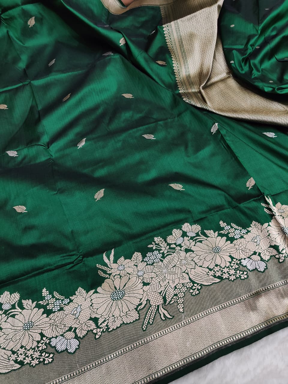 Bottle Green Pure Katan Silk Banarasi Kadhwa Buta Handloom Saree with Gold Zari Border