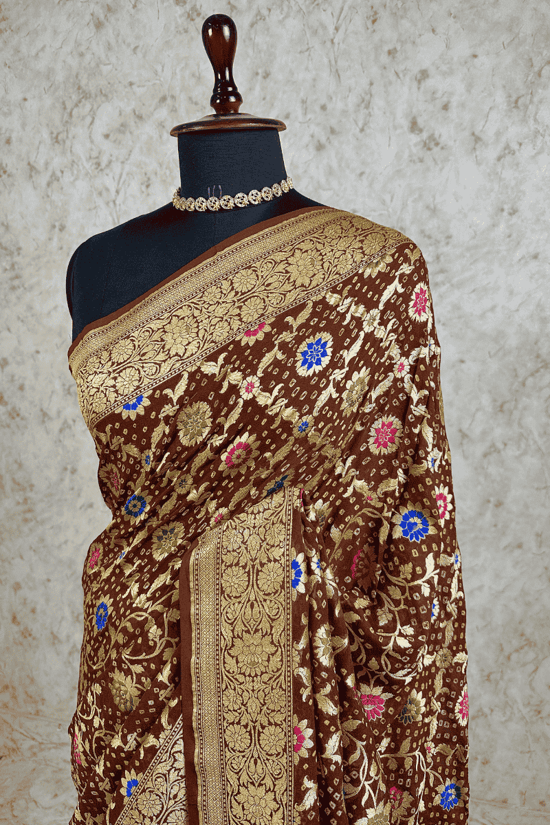 Coffee Brown Pure Khaddi Georgette Bandhani Saree with Tilfi Minakari work