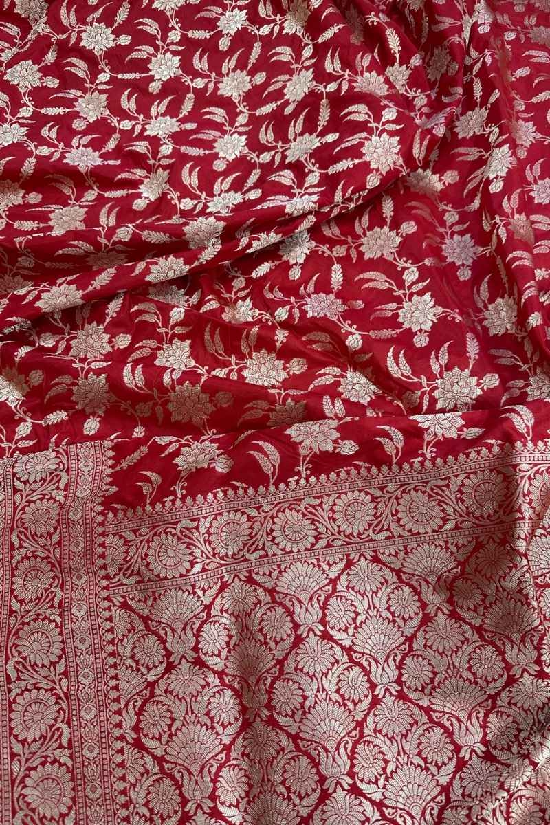 Bridal Red Pure Katan Silk Jaalwork Banarasi Saree Handcrafted Gold Silver Zari - Katan Banaras
