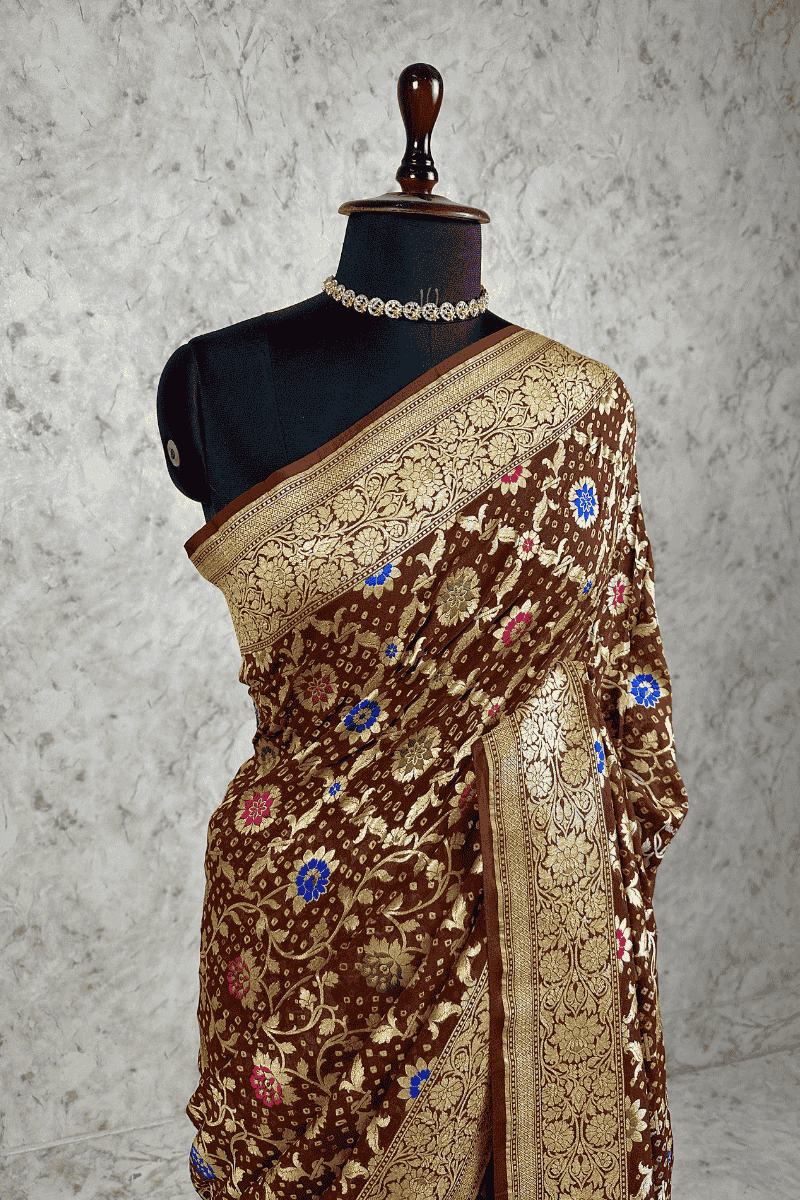 Coffee Brown Pure Khaddi Georgette Bandhani Saree with Tilfi Minakari work