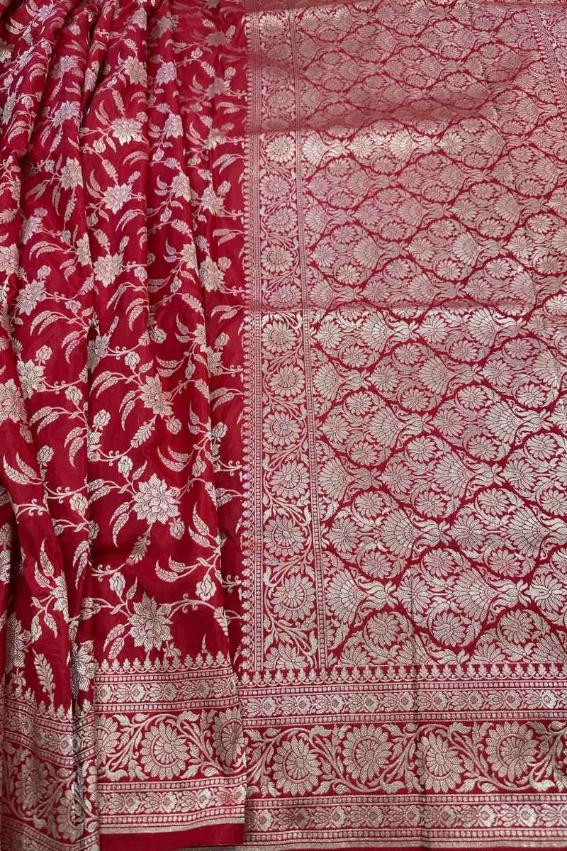 Bridal Red Pure Katan Silk Jaalwork Banarasi Saree Handcrafted Gold Silver Zari - Katan Banaras