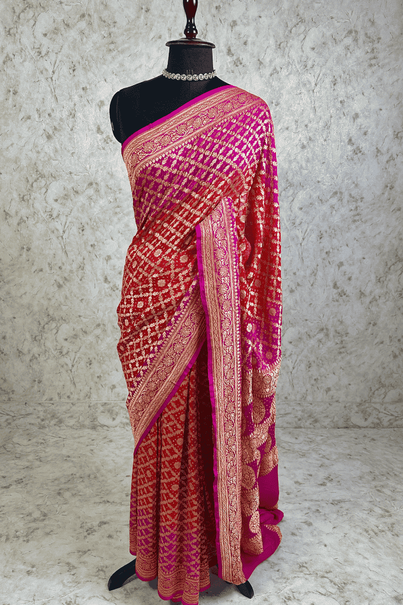 Rani Pink-Crimson Red-Magenta Tri-Color Pure Khaddi Georgette Bandhani Saree with Banarasi Zari Border