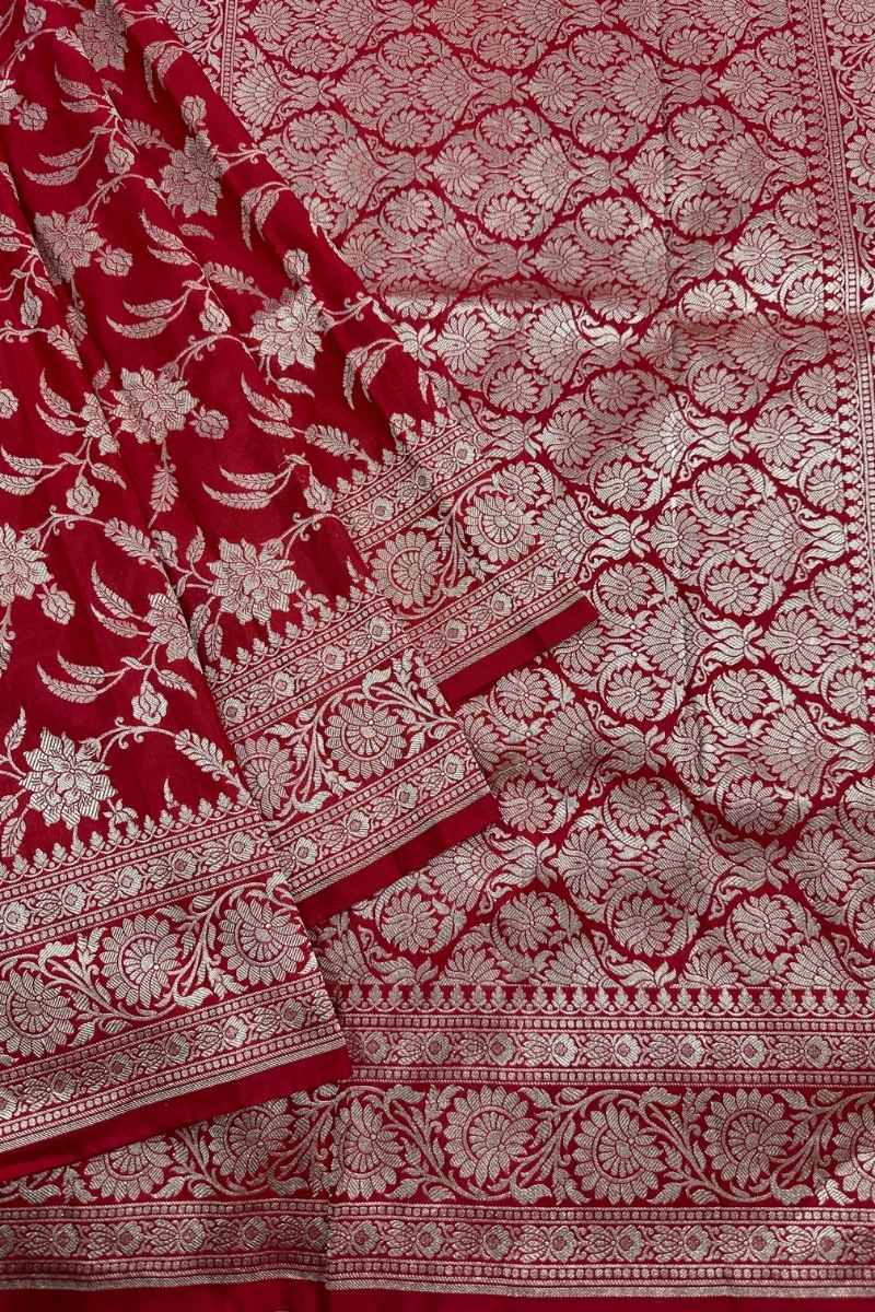 Bridal Red Pure Katan Silk Jaalwork Banarasi Saree Handcrafted Gold Silver Zari - Katan Banaras