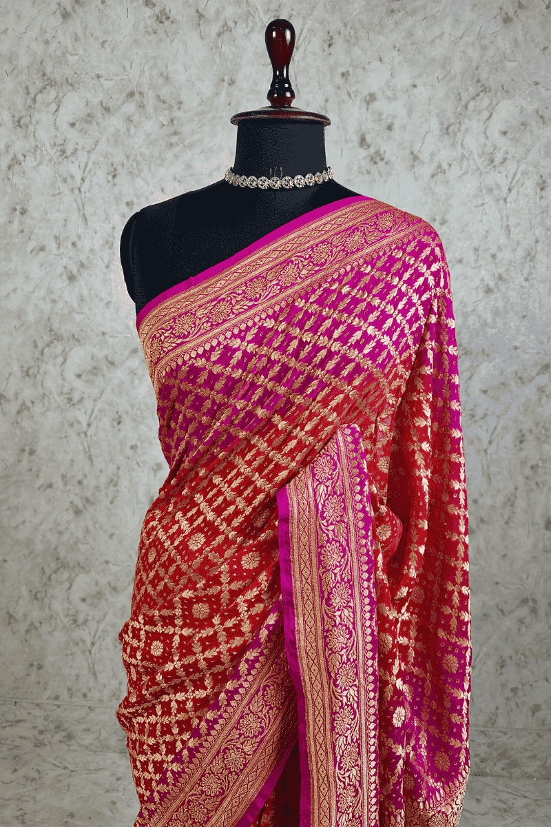 Rani Pink-Crimson Red-Magenta Tri-Color Pure Khaddi Georgette Bandhani Saree with Banarasi Zari Border