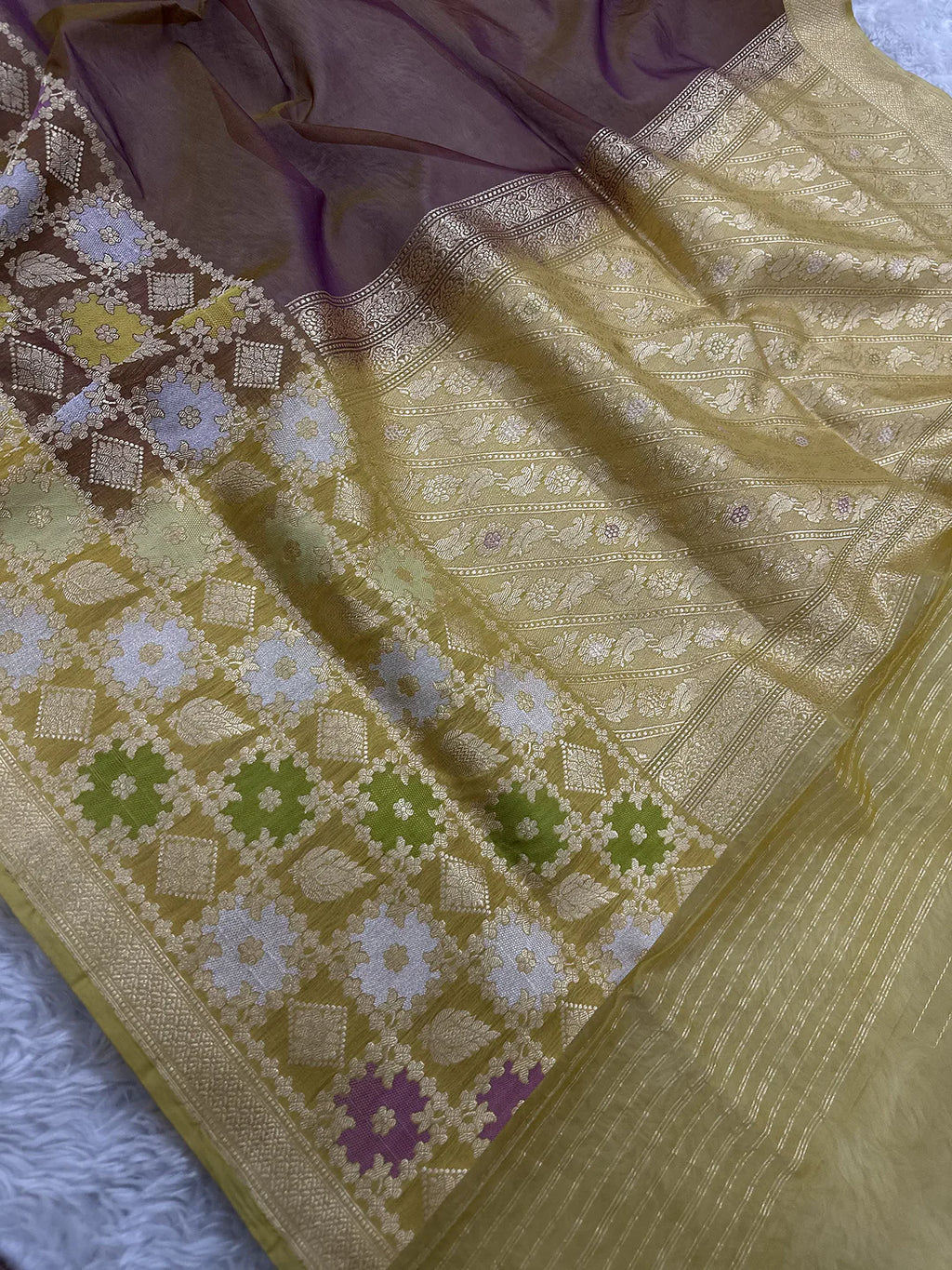 Brown Pure Kora Silk Multicolour Checkered Banarasi Saree with Gold Zari Pallu