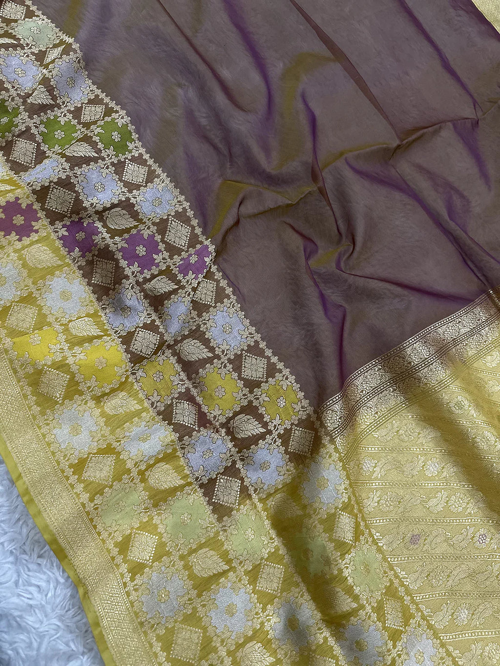 Brown Pure Kora Silk Multicolour Checkered Banarasi Saree with Gold Zari Pallu