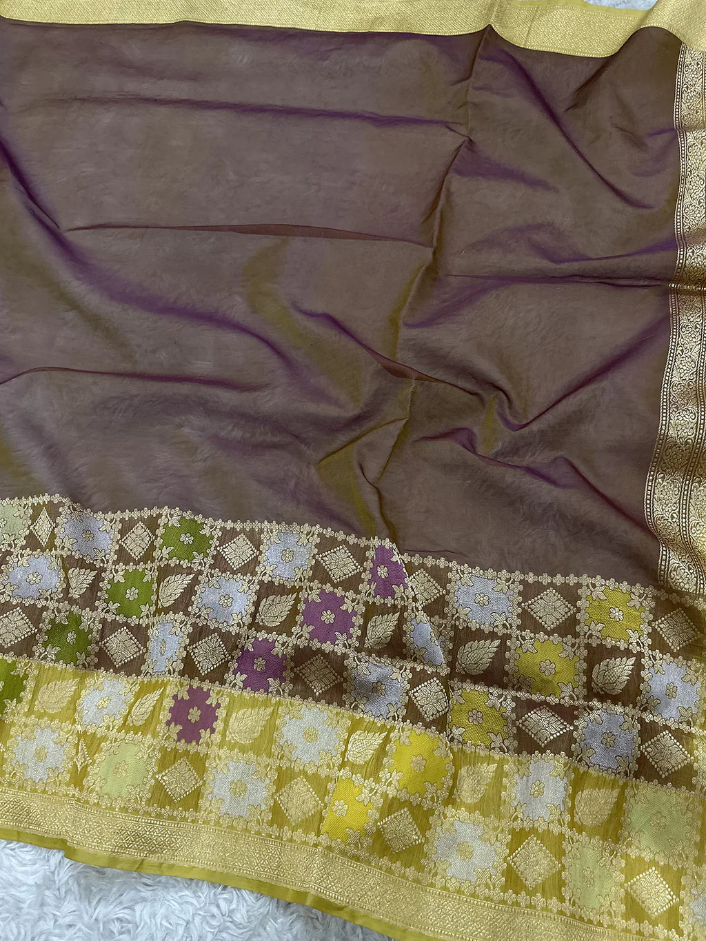 Brown Pure Kora Silk Multicolour Checkered Banarasi Saree with Gold Zari Pallu
