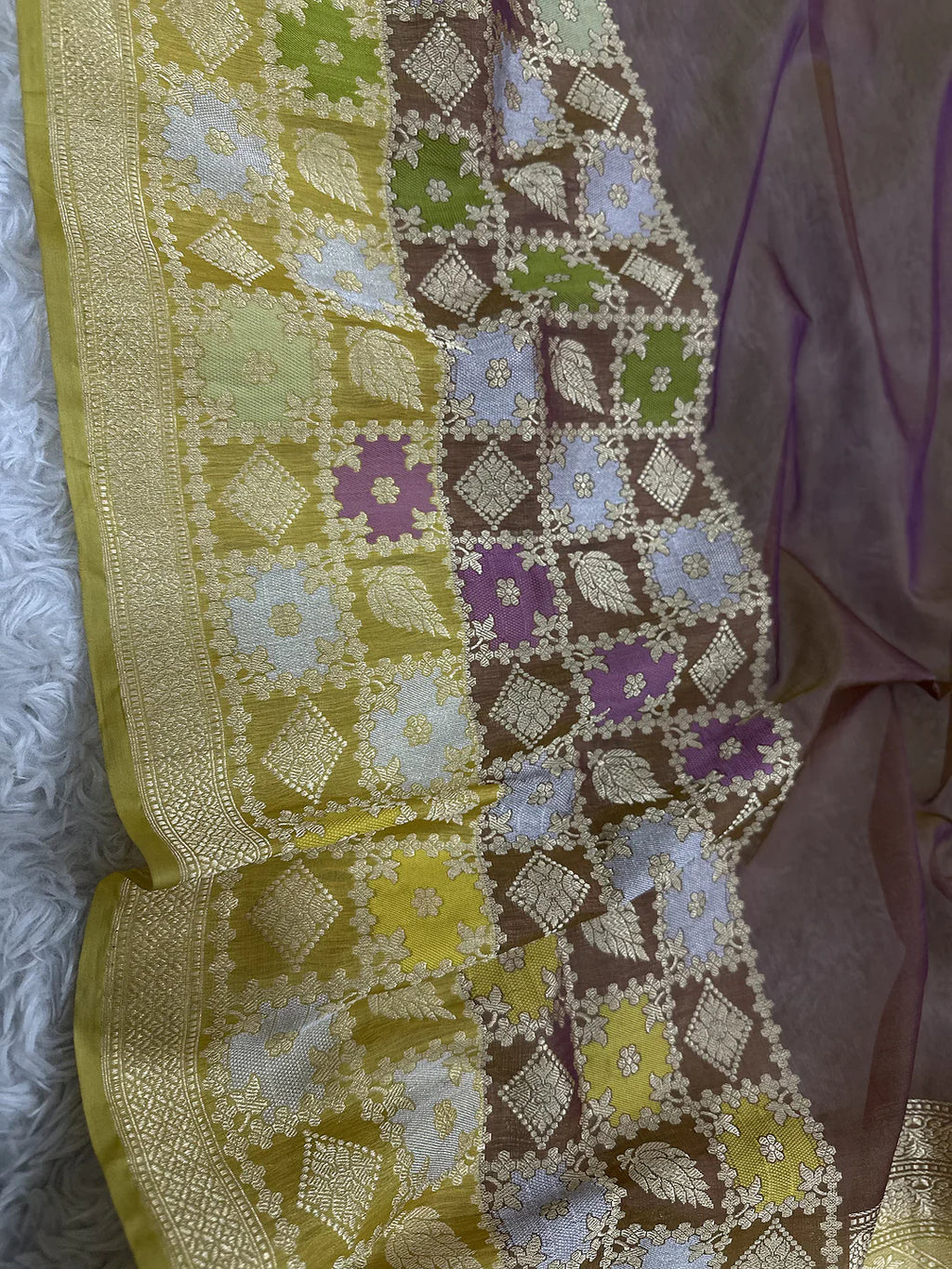 Brown Pure Kora Silk Multicolour Checkered Banarasi Saree with Gold Zari Pallu