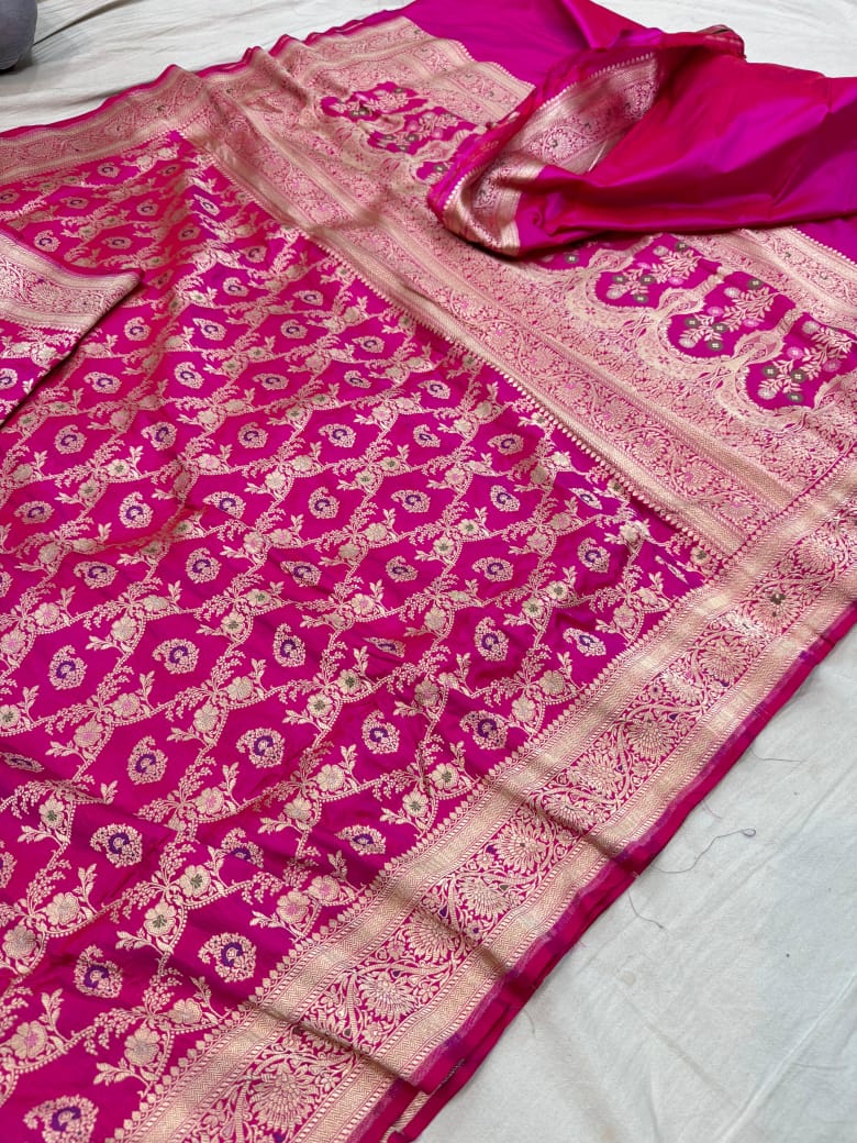 Pure Katan Silk Handloom Banarasi Saree – Rangkaat Box Design with Multicolour Minakari & Heavy Pallu