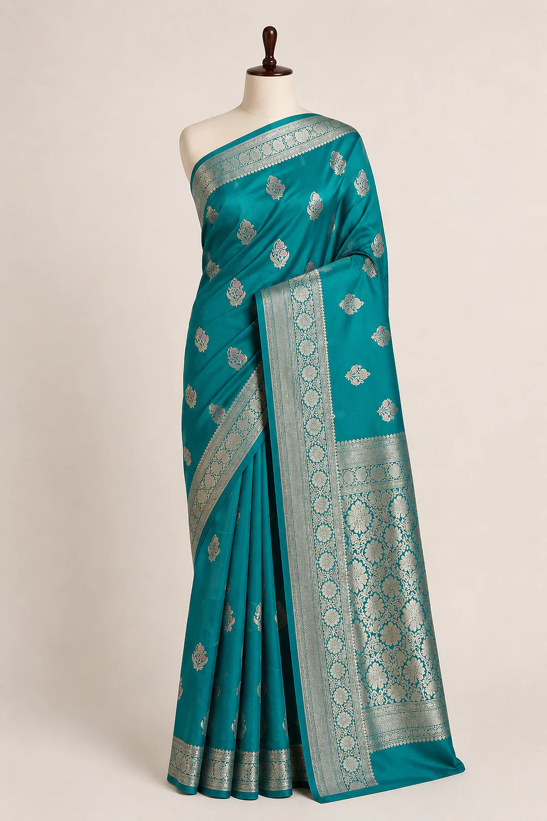Teal Green Pure Katan Silk Banarasi Handloom Kadhwa Buta Saree with Antique Gold Zari